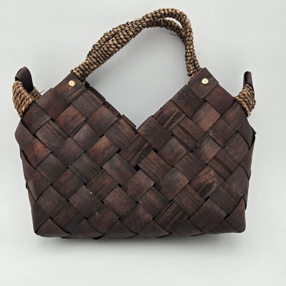 Dark Brown Wood Basket Weave Handbag Womens Medium Handles Coastal Cottagecore - Picture 1 of 14